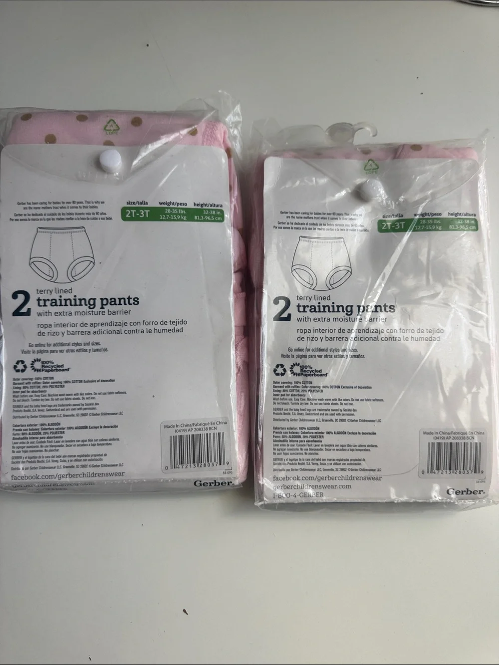 Gerber Pink Polka Dot Terry-Lined Training Pants 2-Pack (2T-3T)